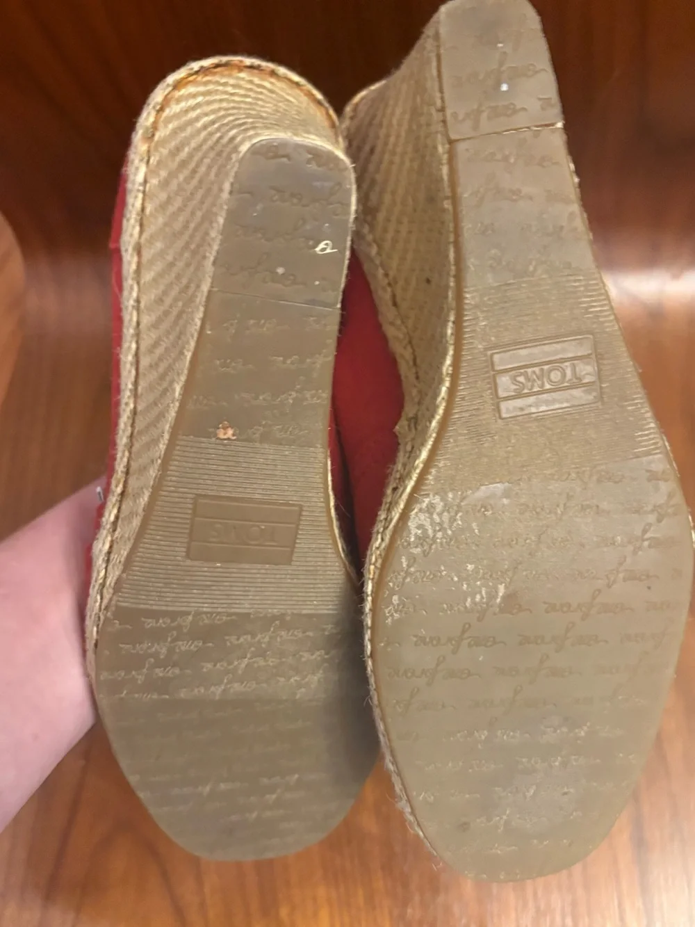 Toms Coral-Red Canvas Peep-Toe Wedge Espadrilles